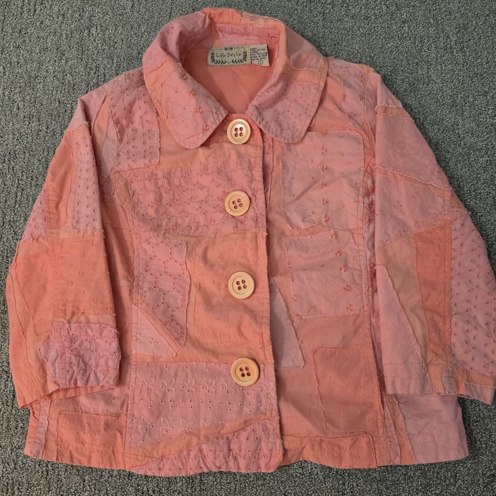 Life Style‎ Patchwork Eyelet Jacket Coral Pink Button Front Cotton Womens L